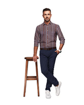 BLUE, WHITE & BROWN THICK STRIP LINE COTTON SHIRT